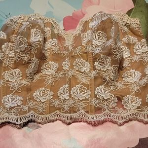 Victoria's Secret Tan & White Corset Top 38DD Floral Embroidery